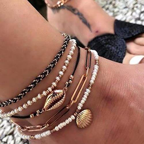 Anglacesmade Bohemia Shell Charm Pendant Anklet Set 5Pcs Black Leather Chain Braided String Pearl Beaded Ankle Bracelet Boho Beach Jewelry for Women and Girls