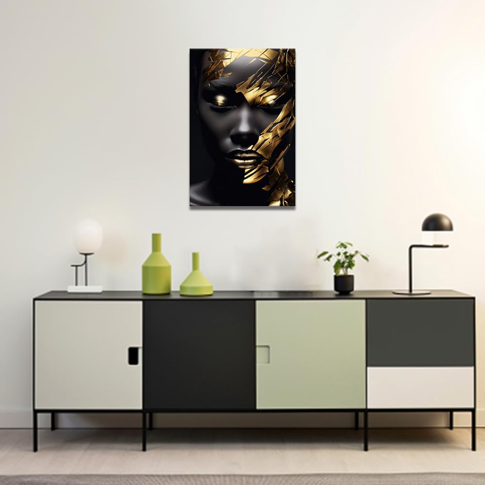 ZQQART African American Wall Art Gold Black Women Canvas Painting Art Abstract Fashion Black Girl Picture Prints Girls Room Decor Framed(Girl 4,12.00" x 18.00")