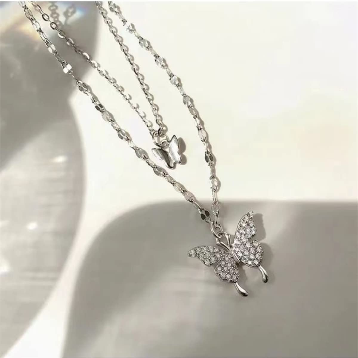 ZAGZIG 925 Sterling Silver Butterfly Necklace for Women Double Layer Clavicle Chain Shiny CZ Necklace Dainty Gifts Party Jewelry Gift