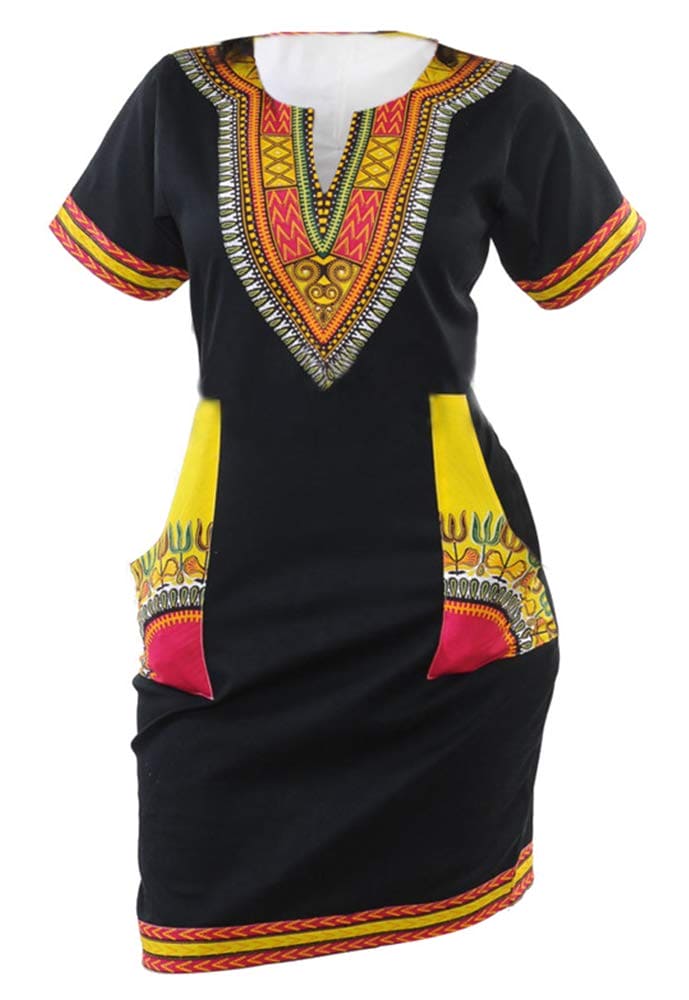 Womens Bohemian African Print Dashiki Dresses Knee Length Jamaican Outfits Boho Dresses Blackyellow