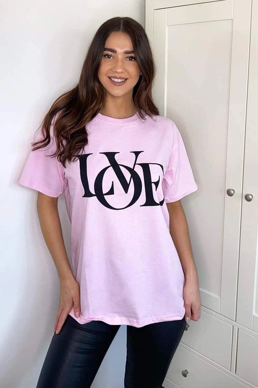 Womens Love Slogan Short Sleeve Oversized Printed Casual Summer Baggy Fashion Ladies Tshirt Tee Plus Size Top (Pink, SM (UK 8-10))