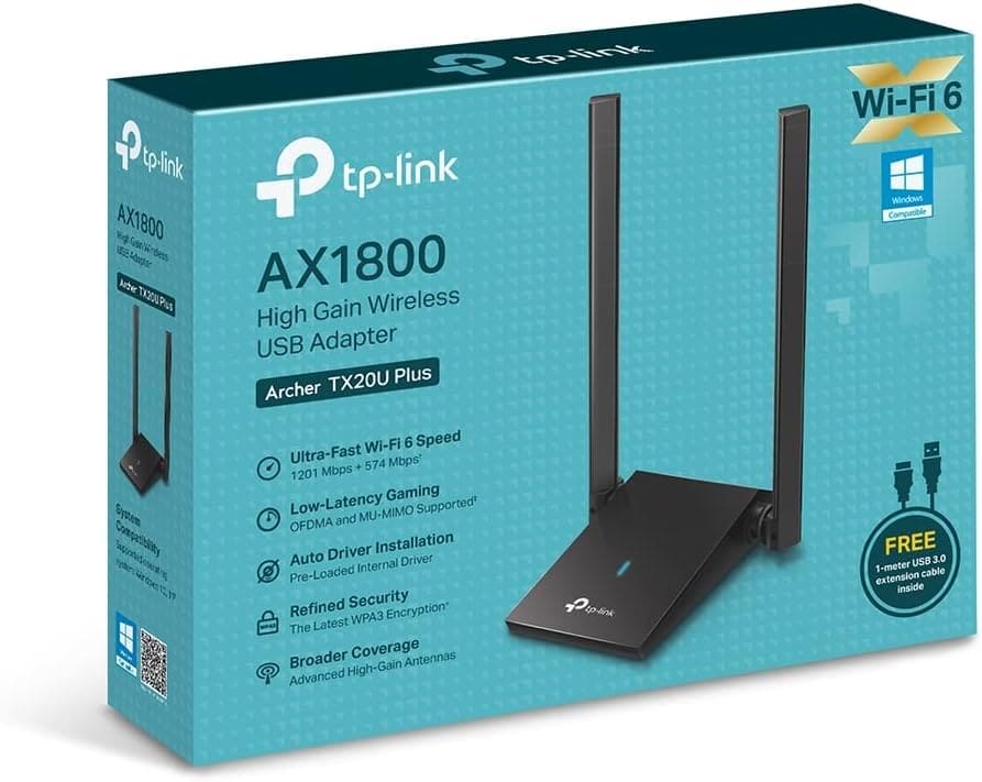 TP-Link AX1800 Wi-Fi 6 Dual Antennas High Gain Wireless USB 3.0 Adapter, Dual-Band, Auto Driver, MU-MIMO, Low- Latency, 1m Cable, Supports Windows 10/11, Highly Secure WPA3 (Archer TX20U Plus), Black