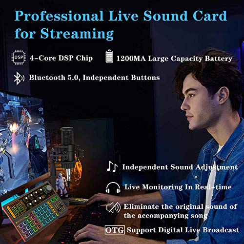 Professional Audio Mixer, K300 Live Sound Card and Audio Interface Sound Board with Multiple DJ Mixer Effects,Voice Changer and LED Light, Prefect for Streaming/Podcasting/Gaming/Recording/YouTube/PC