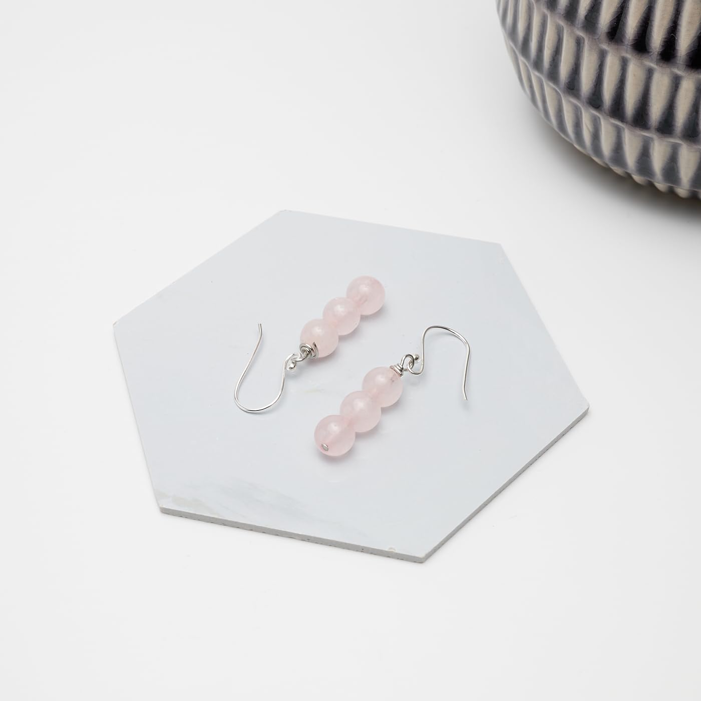 TreasureBay Handmade Natural Rose Quartz Gemstone Dangle Drop Earrings For Women Girls Made with 925 Sterling Silver Hook (Triple Beads Rose Quartz)