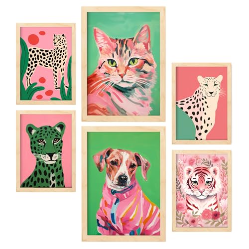 Nacnic Set of 6 Pink Pets Posters. In Nursery Prints Decorative frames for your living room, bedroom, home. Wall art print. Sizes A4 and A3 with Lightwood Frames