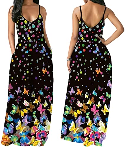 Summer Casual Plus Size Maxi Dresses for Wome Adjustable African Sundress Loose Butterfly Printed Dress with Pockets