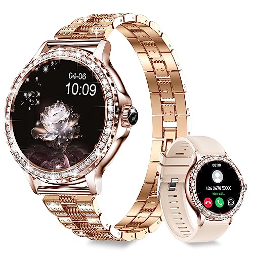 Smart Watches for Women (Answer/Make Call) with Diamonds, 1.3” HD Touch Screen Bluetooth Smartwatch for Android iOS Phones, Fitness Activity Trackers with Heart Rate/SpO2/BP/Sleep Monitor (Gold)