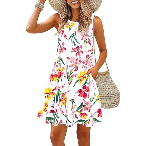 LAKOYA Spring Sale 2024 Summer Women Dresses Floral Print O Neck Tank Dresses Reto T Shirt Dresses Holiday Sleeveless Dresses Items Under 1 Pound White