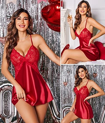 Avidlove Women Sleepwear Satin Nightgown Mini Full Slip Lace Chemise V Neck Nightdress Misty Grey S