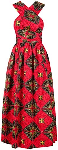 OLIPHEE Women's African Boho Dress Vintage Floor Length High Waist Multiway Bandage Dress Ethnic Costume S, Red Geometric