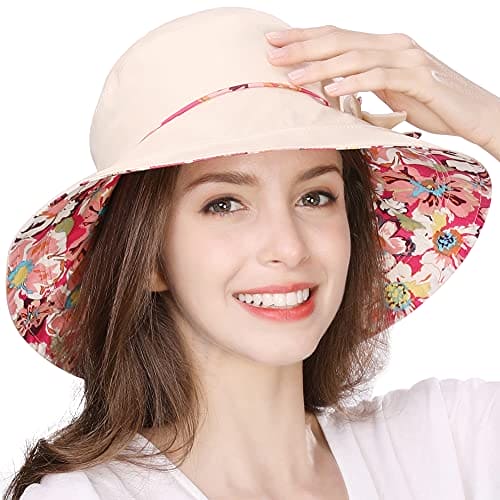 Comhats Ladies Bucket Summer Sun Hat Foldable Beach Cap Wide Brim UPF50+ Packable for Women Beige