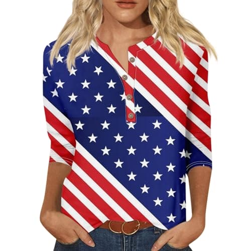 Independence Day Graphic Print Shirts for Women Casual Plus Size Tops Blouses Summer Trendy 3/4 Sleeve Button Down T Shirts Blues M Womens Raglan Shirts 3/4 Sleeve 3/4 Sleeve Button Down Shirts