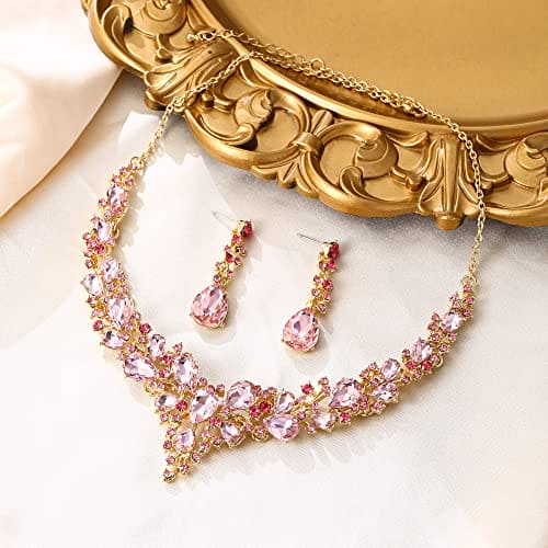 Ever Faith Wedding Bridal Crystal Teardrop Cluster Statement Necklace Dangle Earrings Jewellery Set for Women Pink Gold-Tone