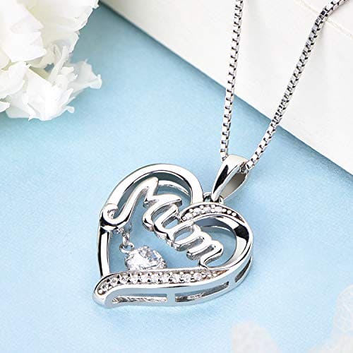 YL Mum Necklace 925 Sterling Silver Heartbeat CZ Stone Heart Love Pendant Necklace for Women Mother,45-48 cm(White)