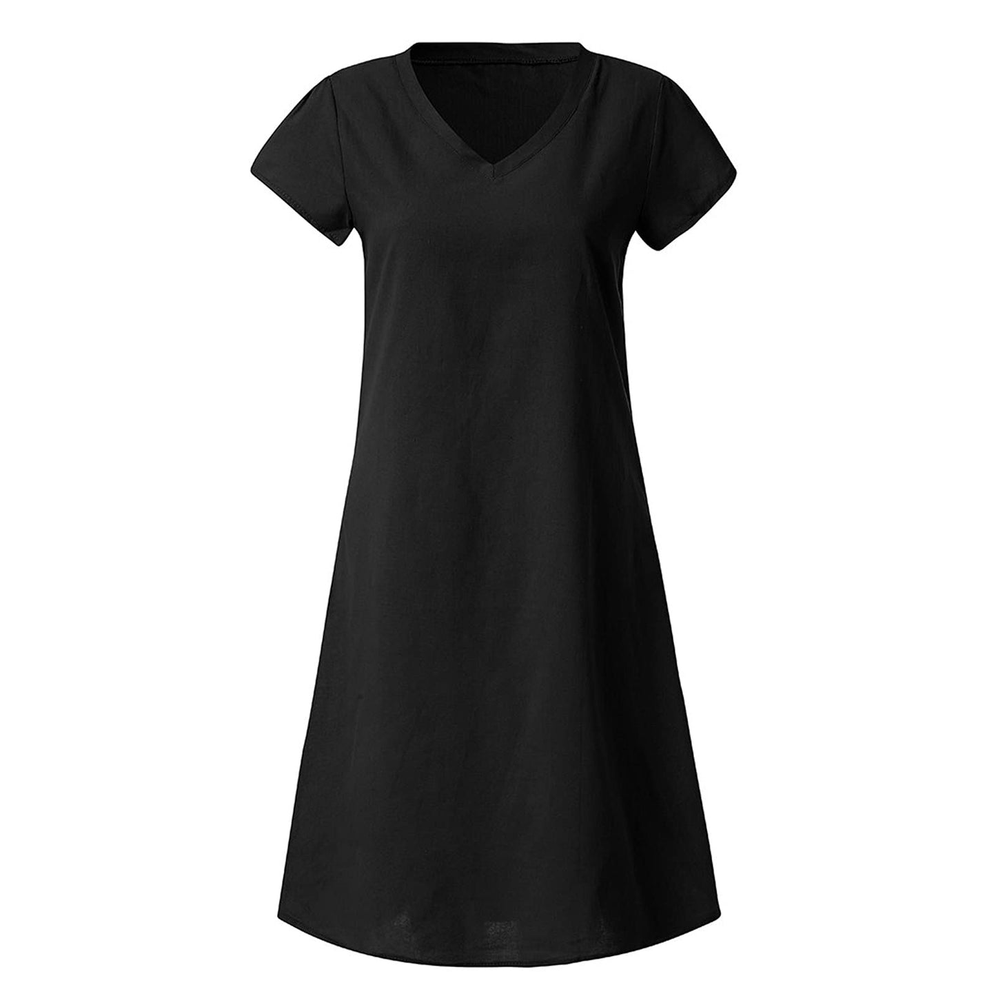 Women Dress Sale Clearance Fashion Ladies Loose V-Neck Summer Solid Short Sleeve Cotton and Linen Dress Party Elegant UK Size Black