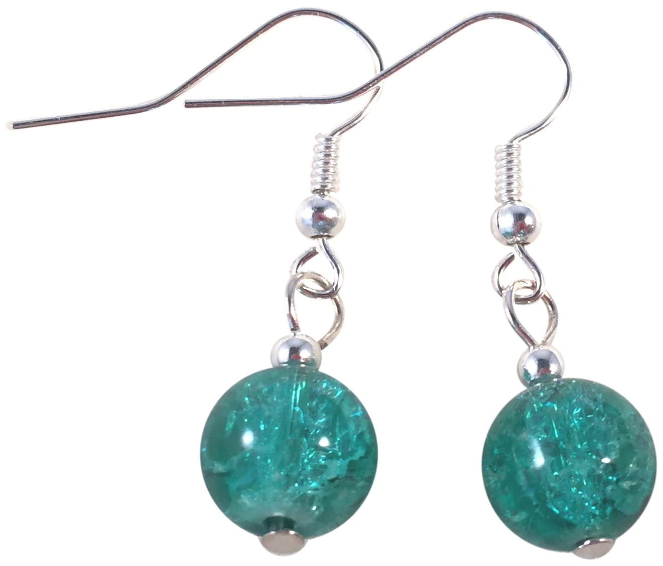 Sea Green Crackle Glass Bead Earrings - 10mm Round Beads on Nickelfree Hooks