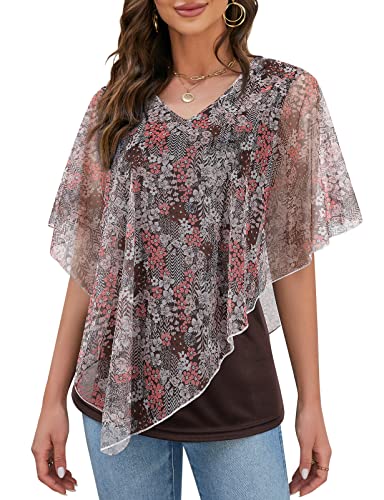 Syphiby Ladies Shirts And Blouses, Womens Summer Tops Casual Flowy Floral Blouse Elegant Batwing Sleeve Tops V Neck Loose Blouse Shirts Ladies Blouse Shirts 3/4 Ruffle Sleeve Blouse Baggy Tops