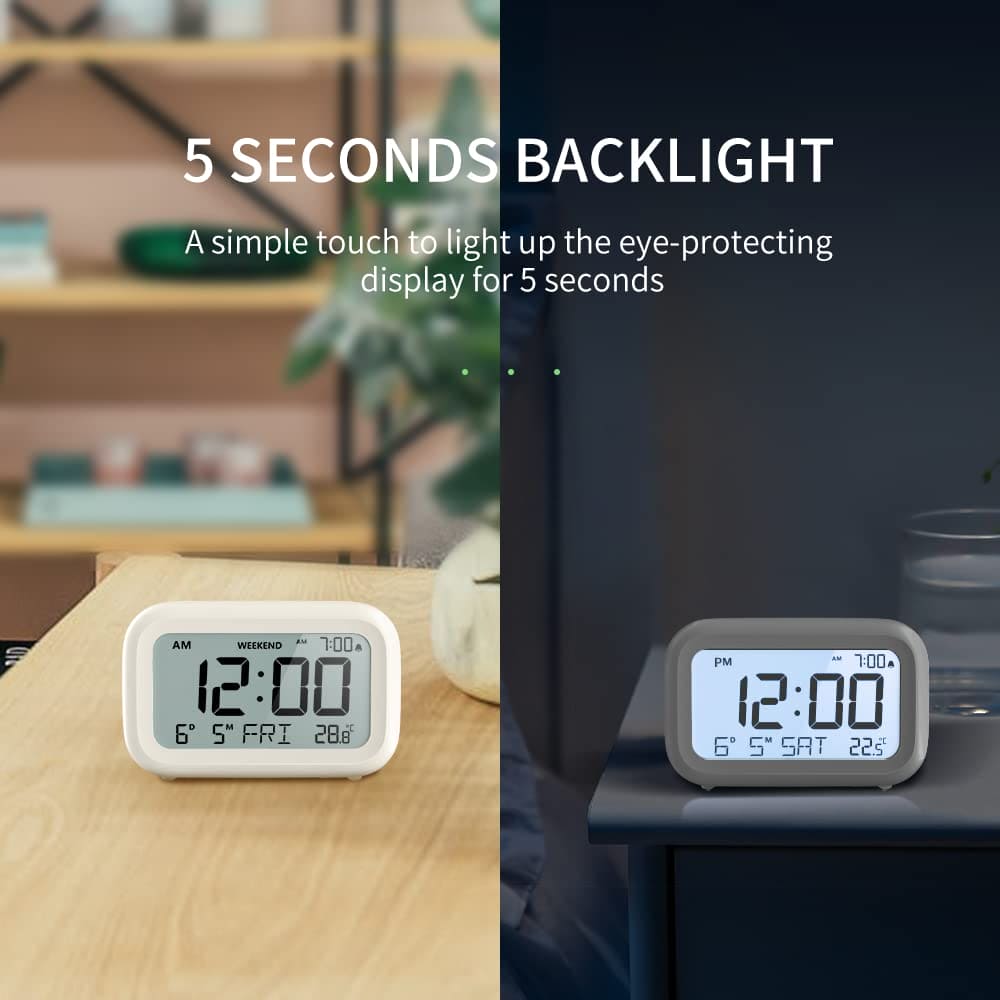 DOOMAY Digital Alarm Clock Bedside - Battery Powered Clock with LCD Display Volume Adjustable Snooze and Weekend Mode for Bedroom Office Desk Travel