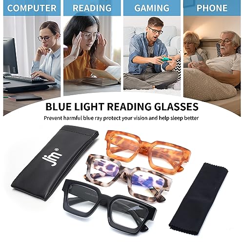 JM 3 Pack Square Reading Glasses, Blue Light Blocking Computer Reader for women men +2.0