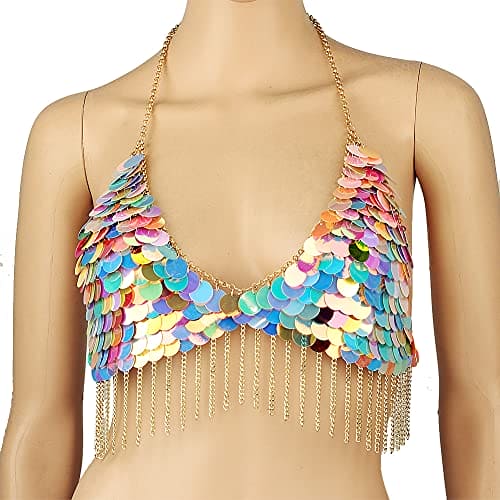 Chran Women's Sexy Bikini Harness Bra Tassels Style Sequin Body Chain Necklace