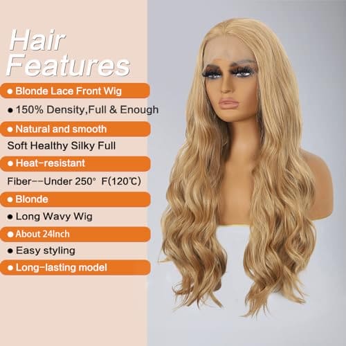 Salomezklm Honey Blonde Wigs, Long Wavy Blonde Lace Front Wigs for Women, Ombre Blonde Body Wave 13x4 HD Lace Front Wig Heat Resistent Synthetic Wig for Daily Use 24inch