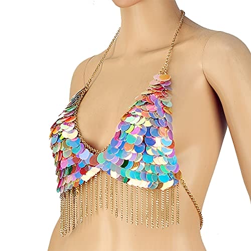 Chran Women's Sexy Bikini Harness Bra Tassels Style Sequin Body Chain Necklace