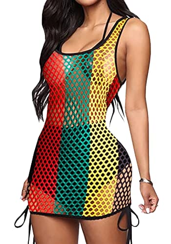 Womens Tank Colorful Stripe Fishnet Cover up Mini Dress Bikinis Swimwear Rasta Dress Floral Small