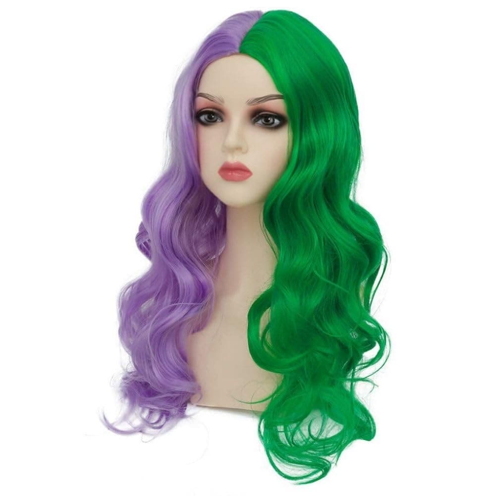 Siudus Womens Half Purple Half Green Curly Wig Long Middle Part Split Wigs Heat Resistant Fiber Hair Wig for Cosplay Halloween Use(Purple Green)