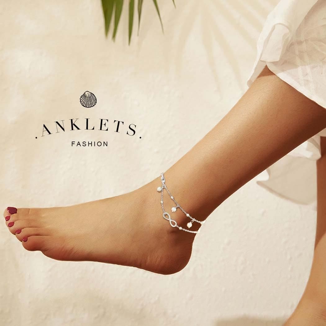 Chaioe Boho Double Anklets Silver Forever Anklet Chain Pearl Beaded Anklet Bracelet for Women and Girls