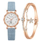 Women's Alloy Watch Bracelet Two Piece Simple Quartz Watch Diamond Bracelet Ladies Leather Strap Watch (Blue)