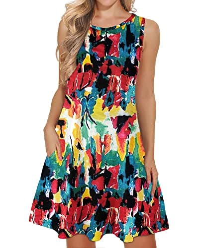 WNEEDU Womens Summer Beach Dress Casual Crew Neck Sundress with Pockets Colorful XL