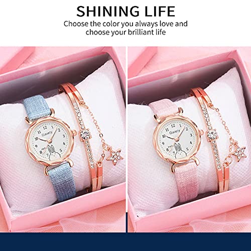 Women's Alloy Watch Bracelet Two Piece Simple Quartz Watch Diamond Bracelet Ladies Leather Strap Watch (Blue)