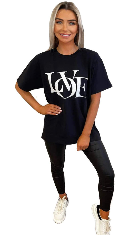 Womens Love Slogan Short Sleeve Oversized Printed Casual Summer Baggy Fashion Ladies Tshirt Tee Plus Size Top (Black, SM (UK 8-10))