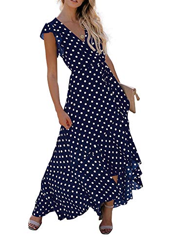 GRECERELLE Womens Summer Maxi Dress Boho Floral Cocktail Midi Polka Dot Wrap Dresses V Neck Casual Party Bohemian Flowy Long Dress for Ladies (FP Dark Green, M)