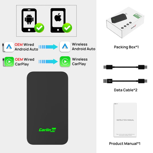 Carlinkit 5.0 Carplay Wireless and Android Auto 2 in1 Adapter,CarPlay Android Auto Wireless Adapter,Plug and Play,5GHz WIFI automatic connection,USB-C & USB-A Compatible with Car from 2016+