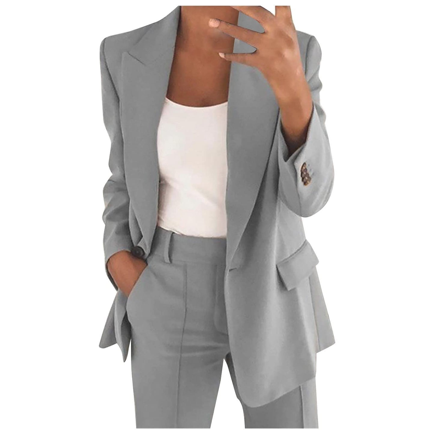 Blazer Suit Set Women Sale 2 Piece Suits for Women Button Long Sleeve Jacket Long Pants Solid Color Two Piece Outfits Lapel Outerwear Blazer and Trouser Suits Ladies Sets Plus Size Grey XXL