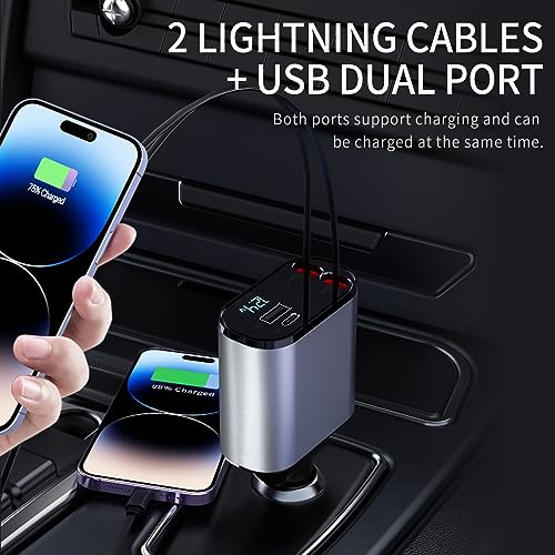 Retractable Car Charger, Fast Car Phone Charger 60W, 2 Retractable iPhone Charger Cables and USB Car Charger, Compatible with iPhone 14/15/13/12/11