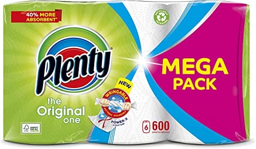 PLENTY Kitchen Towel, 6 White Rolls, 600 Sheets of Kitchen Roll, 2-Ply Tissue