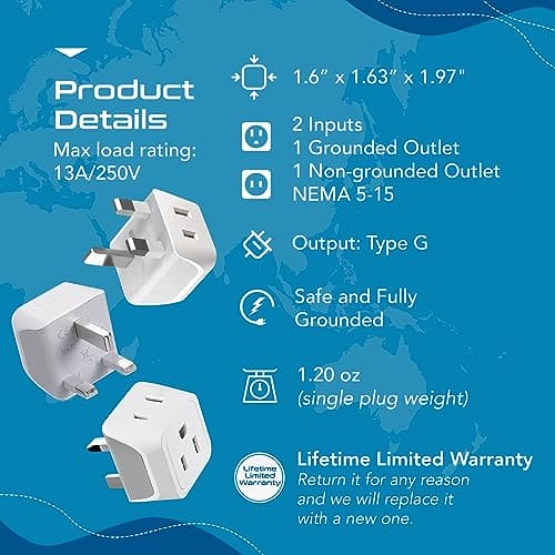 Ceptics UK Travel Plug Adapter, 2 in 1 Type G Adapter, US to UK Adapter, Ireland, Dubai Travel Adapter with Dual USA Inputs, CE, RoHS - HK Outlet Adapter, 3 Pack