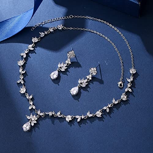 Clearine Wedding Bridal Flower Leaf Crystal Teardrop Necklace Earrings Set CZ Marquise Pendant Jewellery Set Gifts for Women Brides Clear Silver-Tone