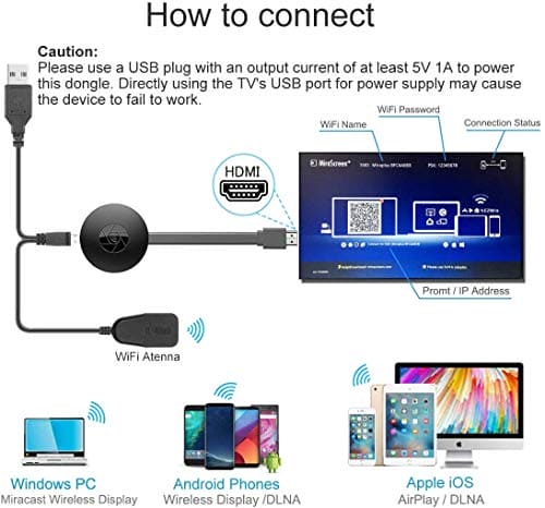 WiFi Display Dongle, Wireless HDMI Display Adapter, 1080P Portable TV Receiver Airplay Dongle Mirroring Screen from Phone to Big Screen, Compatible with Android/IOS/Windows/Mac/PC