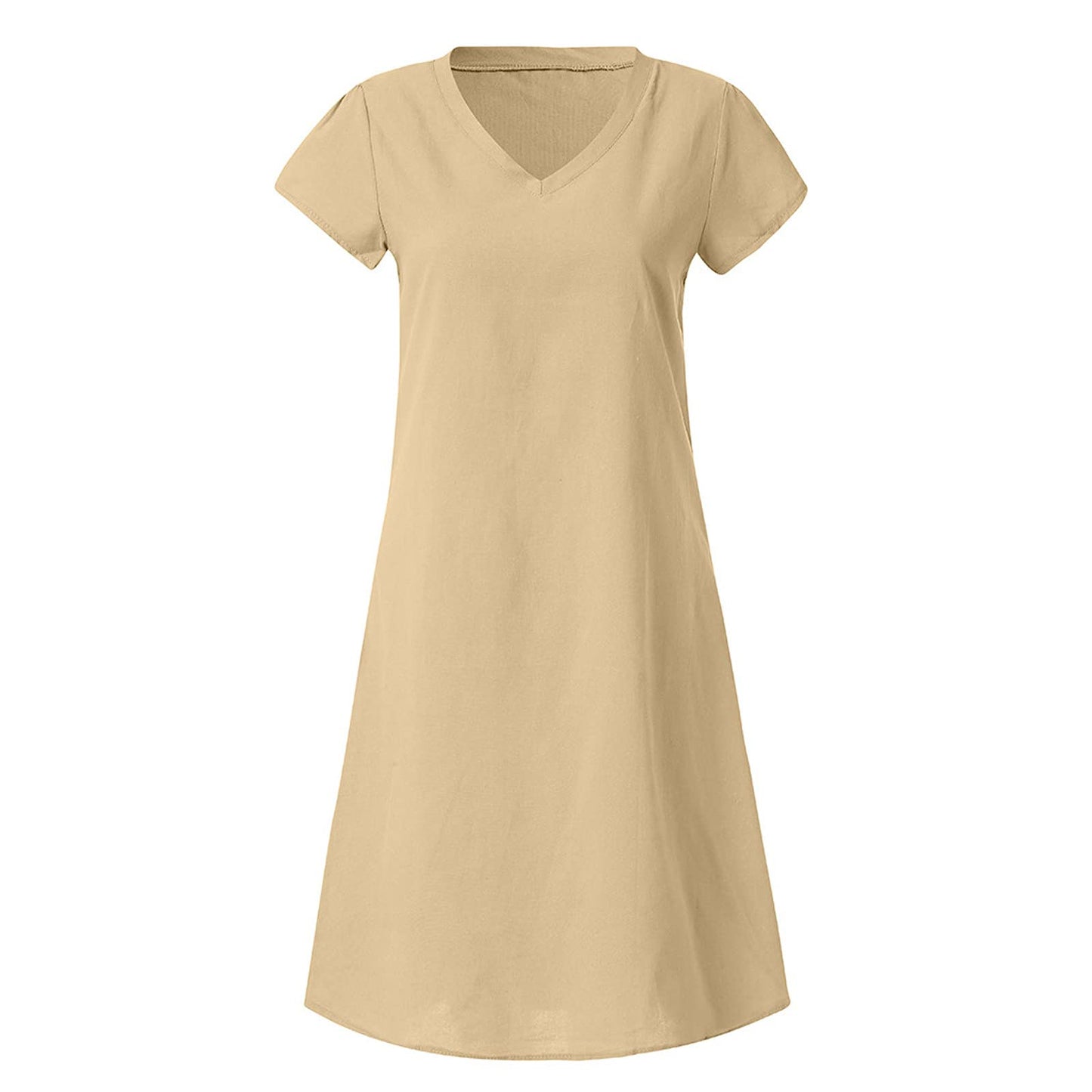 Women Dress Sale Clearance Fashion Ladies Loose V-Neck Summer Solid Short Sleeve Cotton and Linen Dress Party Elegant UK Size Khaki