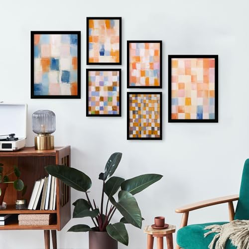 Nacnic Set of 6 Orange and Blue Mosaic 2 Posters. In Abstracts Poster Decorative frames for your living room, bedroom, home. Wall art print. Sizes A4 and A3 with Black Frames