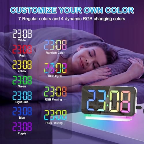 Sukeen Alarm Clock, 7.4" LED Digital Clock, Mirror Clock with 11 Colors Time Display, 10 Modes RGB Night Light, USB C Charger Port, Volume, Brightness, Alarm Clocks Bedside for Bedroom Home - White