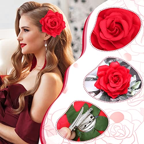 PROUSKY Red Rose Flower Hair Clip, Artifical Red Rose Flower Hairpin for Bridal Bridesmaid Girls, Flamenco Dancer Hair Brooch and Pins for Women, Rose Red Hair Accessories for Christmas, Wedding