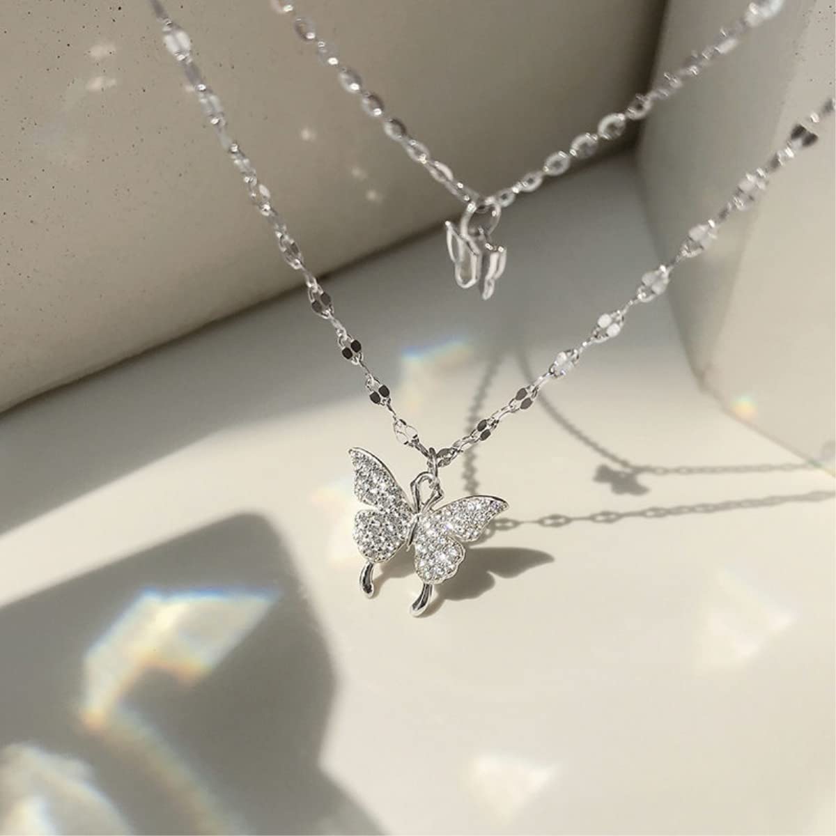 ZAGZIG 925 Sterling Silver Butterfly Necklace for Women Double Layer Clavicle Chain Shiny CZ Necklace Dainty Gifts Party Jewelry Gift