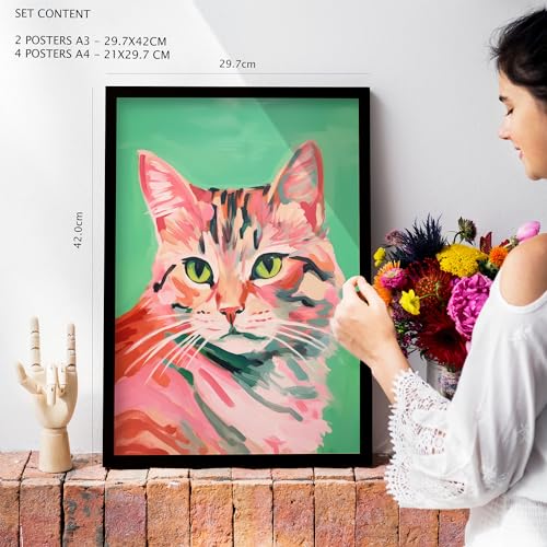 Nacnic Set of 6 Pink Pets Posters. In Nursery Prints Decorative frames for your living room, bedroom, home. Wall art print. Sizes A4 and A3 with Lightwood Frames