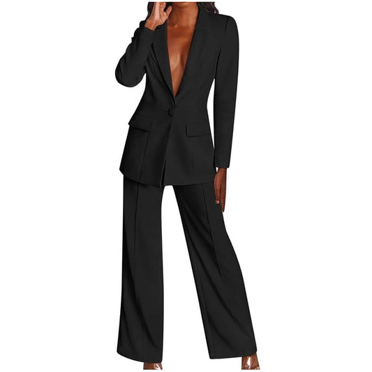 AMhomely Trousers Suit for Women UK Clearance Ladies 2 Piece Outfits Elegant Blazer Sets Solid Open Front Long Sleeves Suit Jacket and Pencil Pants Vintage Wedding Office Work Formal Outfits