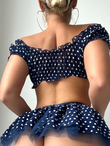 COZYEASE Women's 5 Piece Lingerie Set Polka Dots Mesh Crop Top Garter Babydoll Lingerie Skirt Set with Stockings Blue and White S