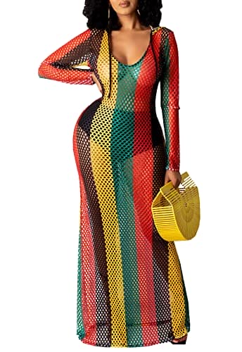 YouSexy Women's Sexy Swimsuit Maxi Dress Cover Up Long Sleeve Hollow Out Fishnet See Through Summer Beach Swimwear